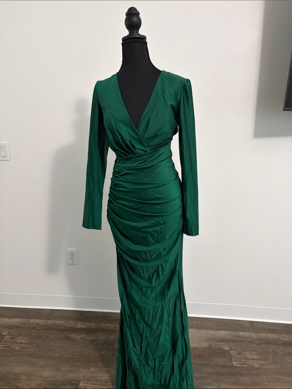 Long Sleeve Emerald Wrap-Style Ruched Maxi Dress